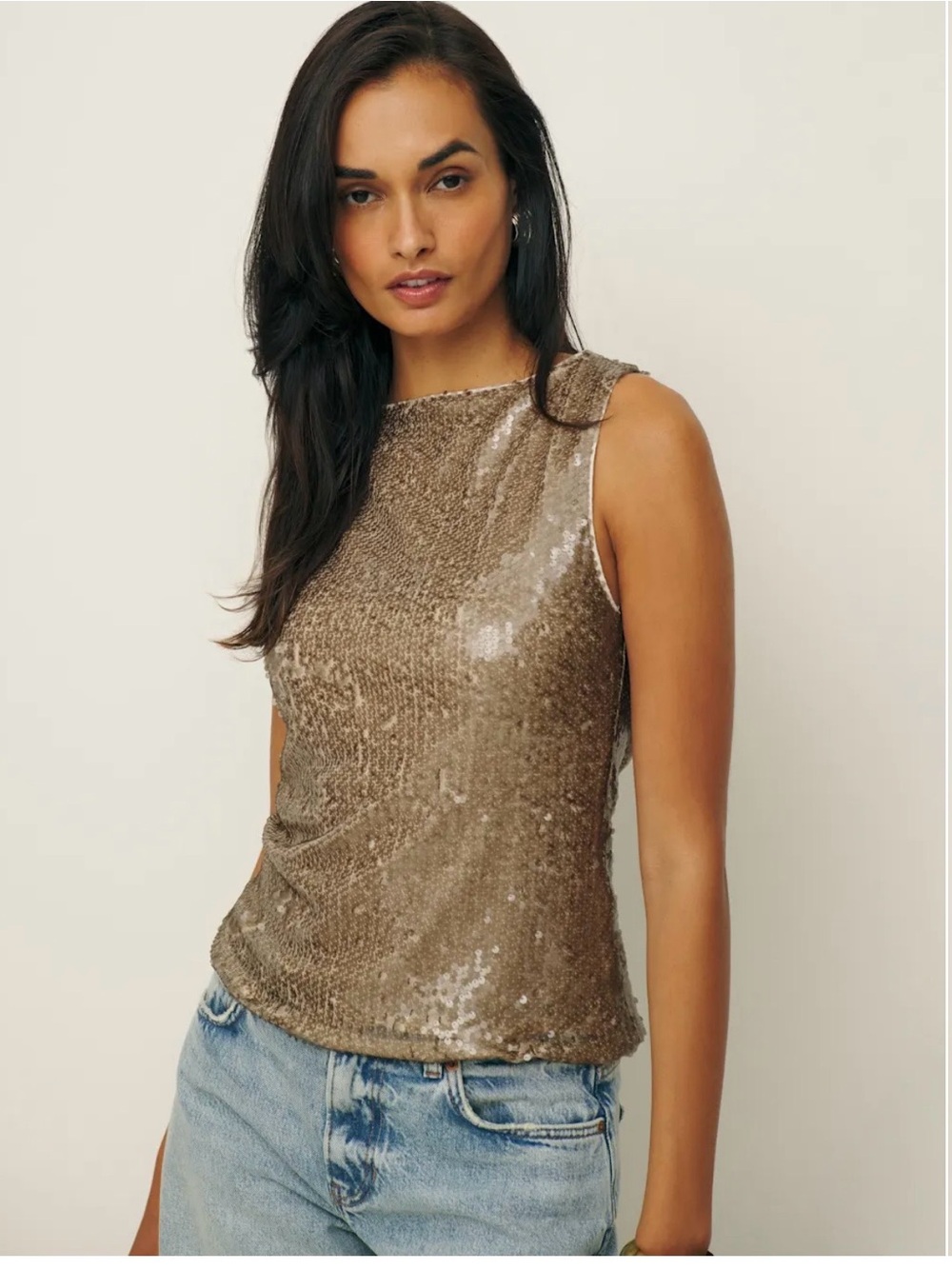 Reformation Sleeveless “Lisa Knit Top” in “Mushroom Sequin”